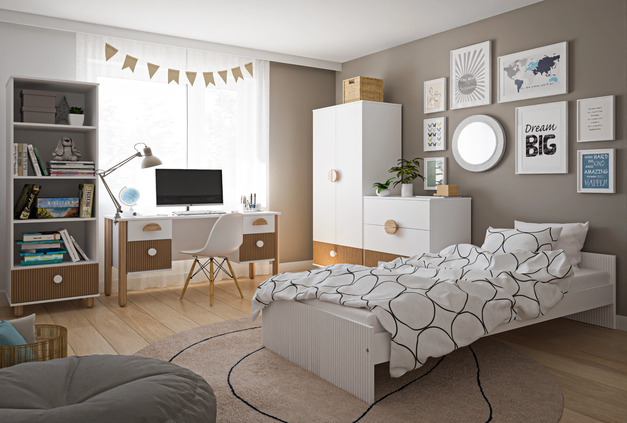 Zestaw mebli do pokoju młodzieżowego Cozy LOFT Young 5el. Szafa, regał, komoda, biurko i łóżko w kolorze białym