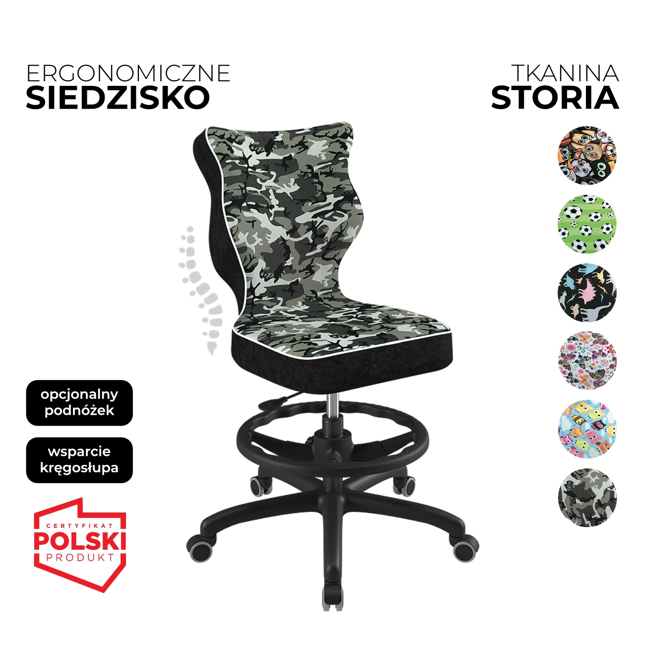 krzesło obrotowe dla dziecka petit storia czarne siedzisko z motywem moro czarna konstrukcja i podnóżek