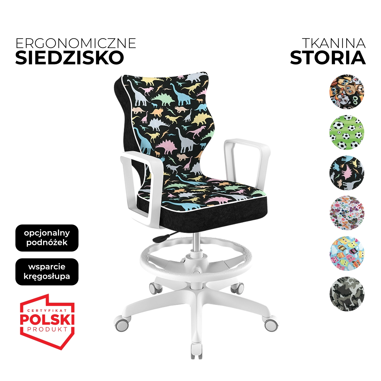 krzesło obrotowe dla dziecka norm storia czarne siedzisko z motywem dinozaurów biała konstrukcja i podnóżek