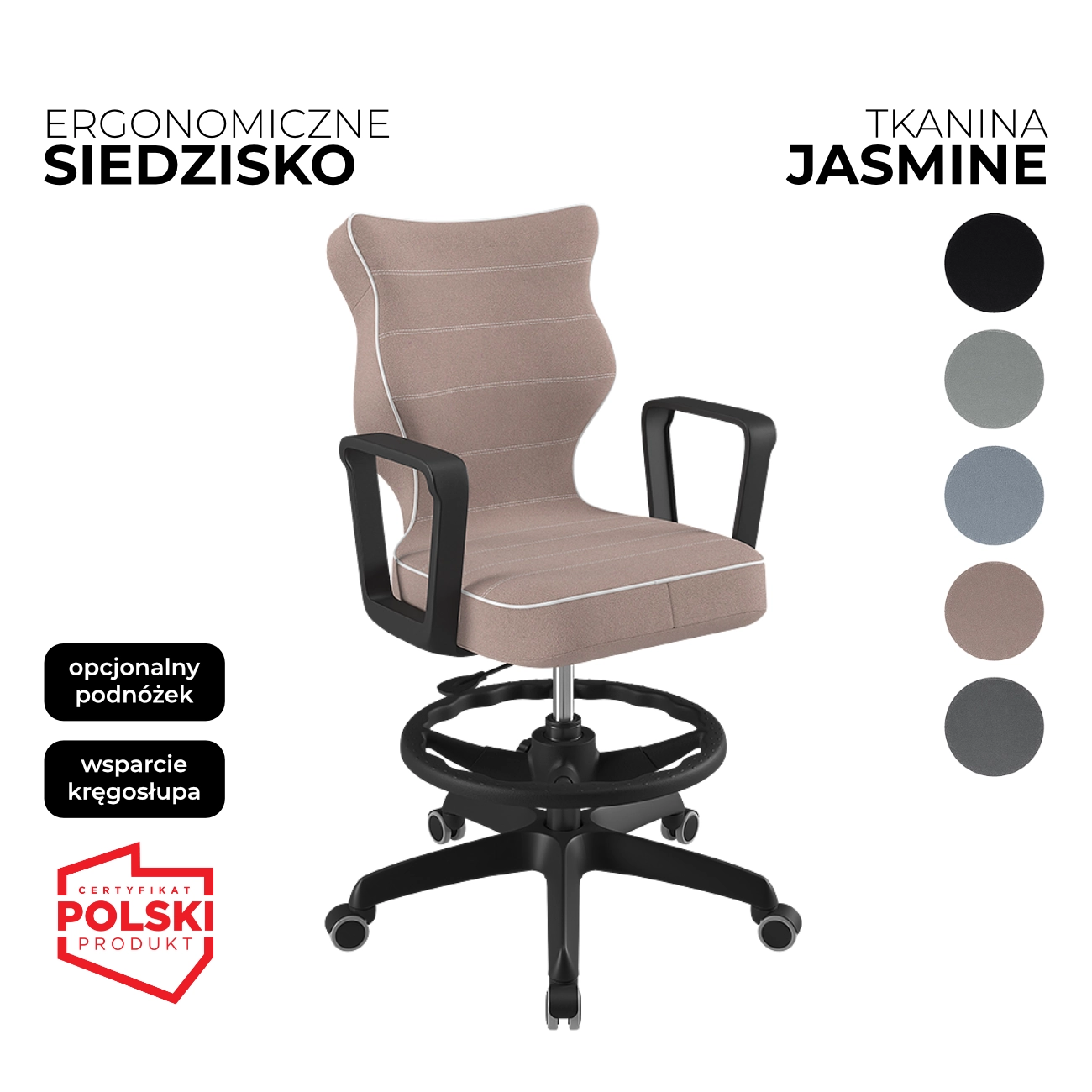 Krzesło obrotowe dla dziecka Norm Jasmine różowe siedzisko czarna konstrukcja i podnóżek