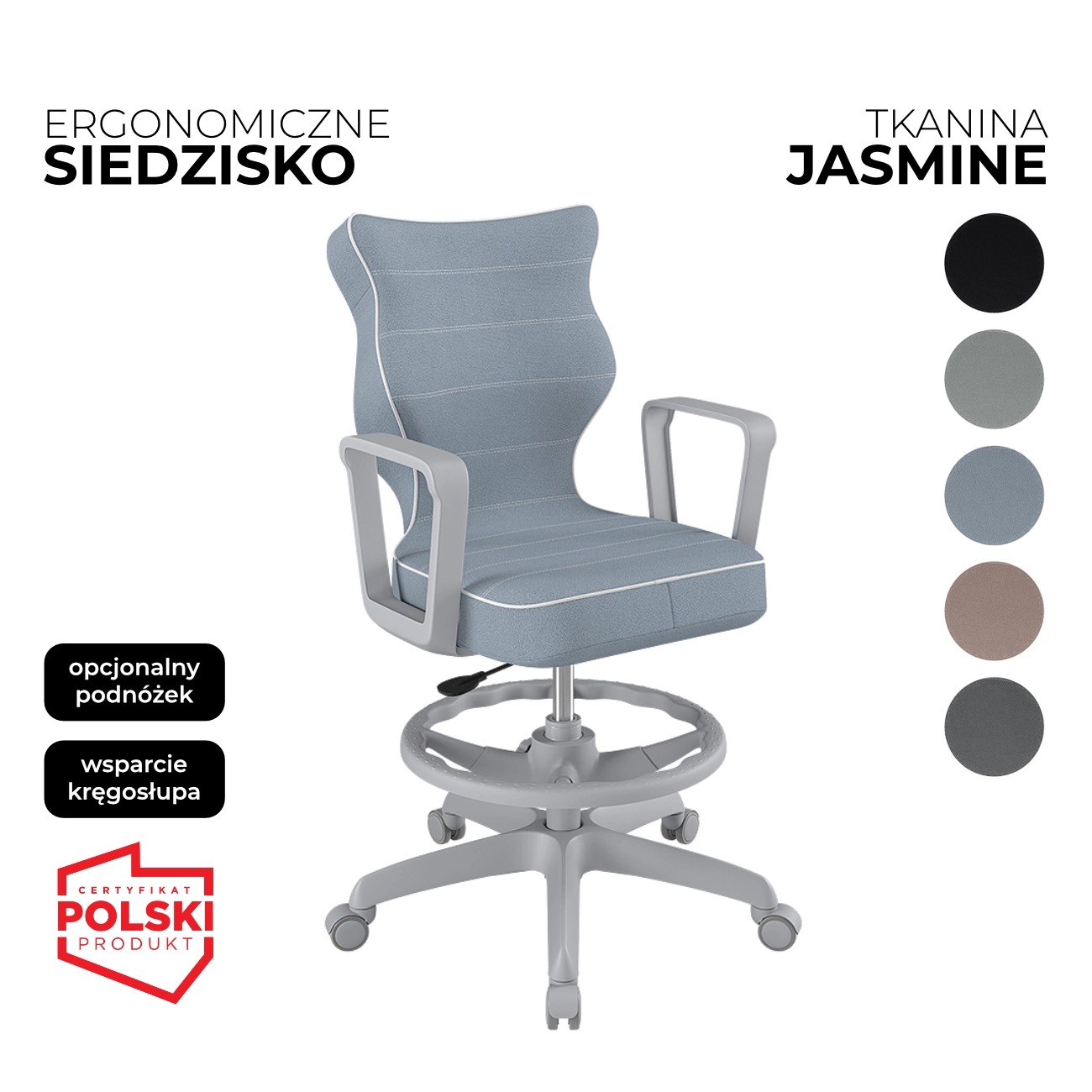 Krzesło obrotowe dla dziecka Norm Jasmine niebieskie siedzisko czarna konstrukcja i podnóżek