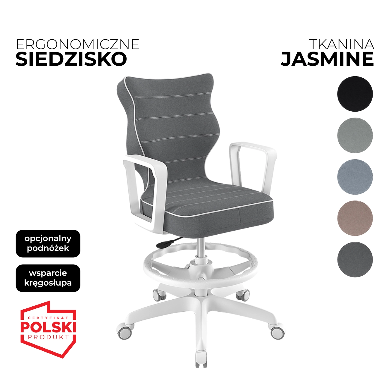 Krzesło obrotowe dla dziecka Norm Jasmine szare siedzisko biała konstrukcja i podnóżek
