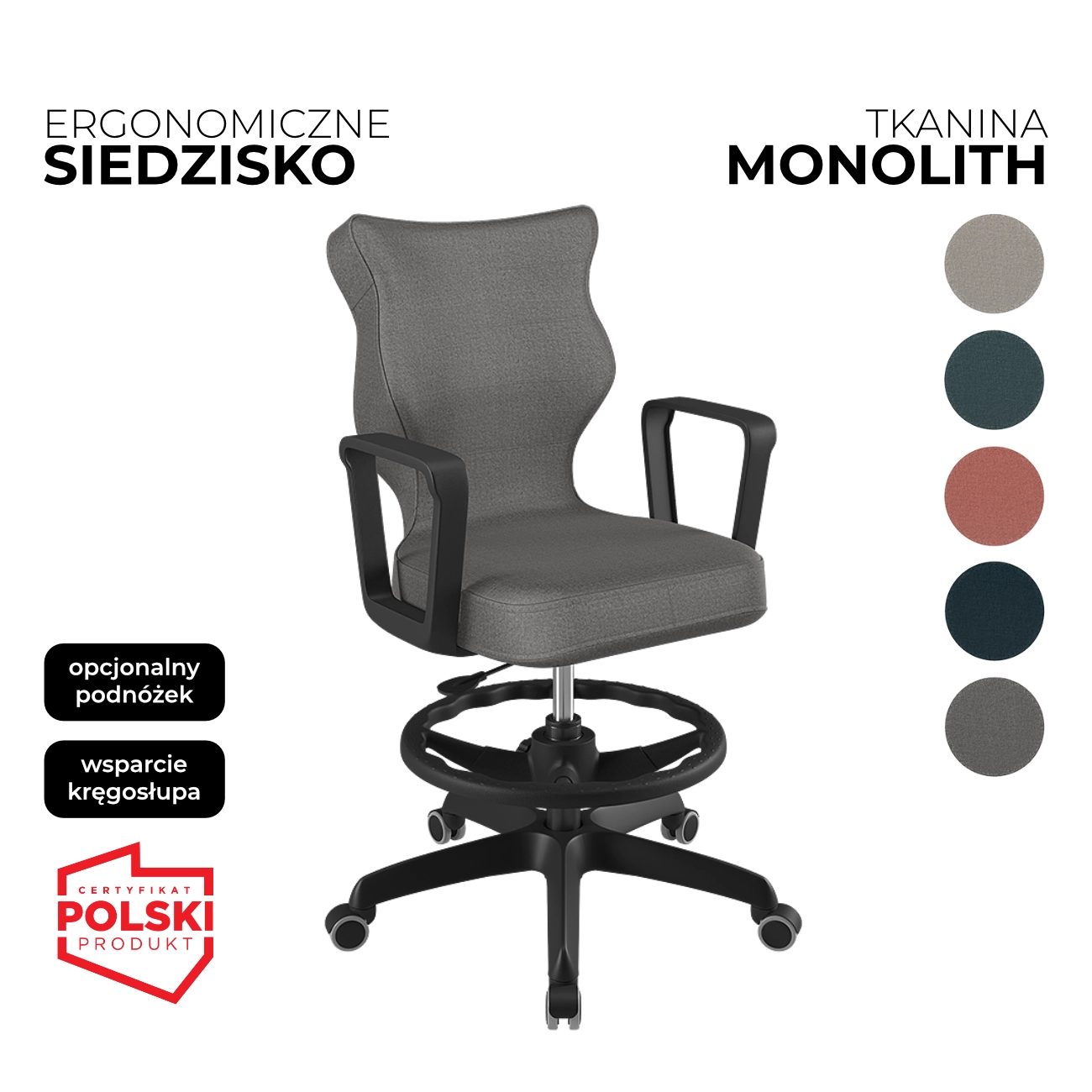 Krzesło obrotowe dla dziecka Norm Monolith szare siedzisko czarna konstrukcja i podnóżek