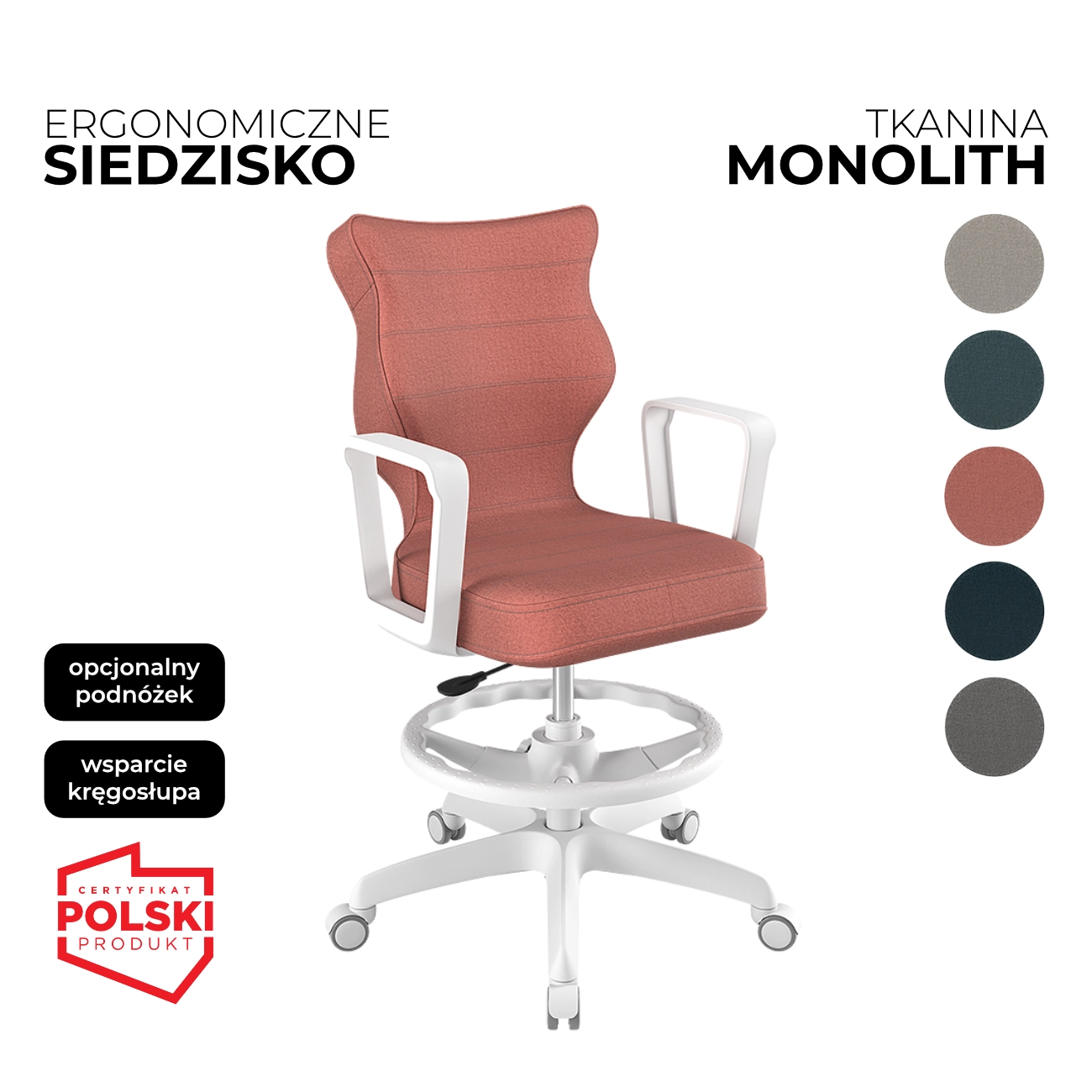 Krzesło obrotowe dla dziecka Norm Monolith różowe siedzisko biała konstrukcja i podnóżek