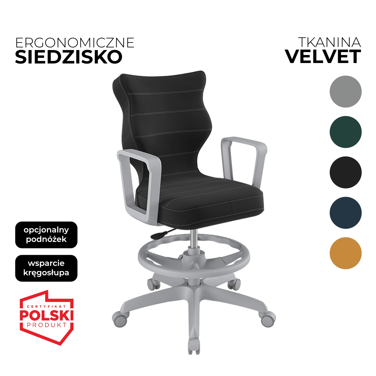 Krzesło obrotowe dla dziecka Norm Velvet czarne siedzisko szara konstrukcja i podnóżek