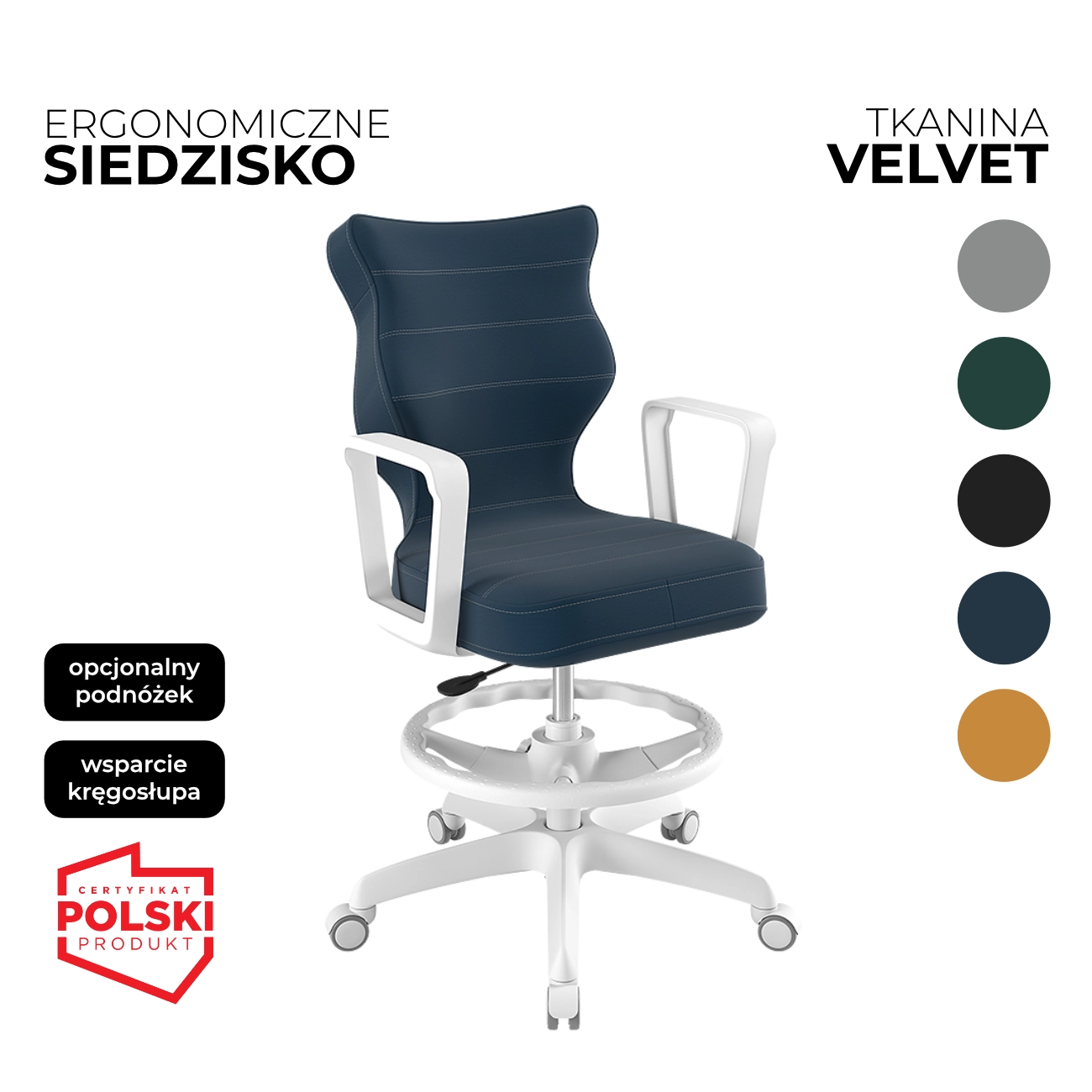 Krzesło obrotowe dla dziecka Norm Velvet zielone siedzisko biała konstrukcja i podnóżek