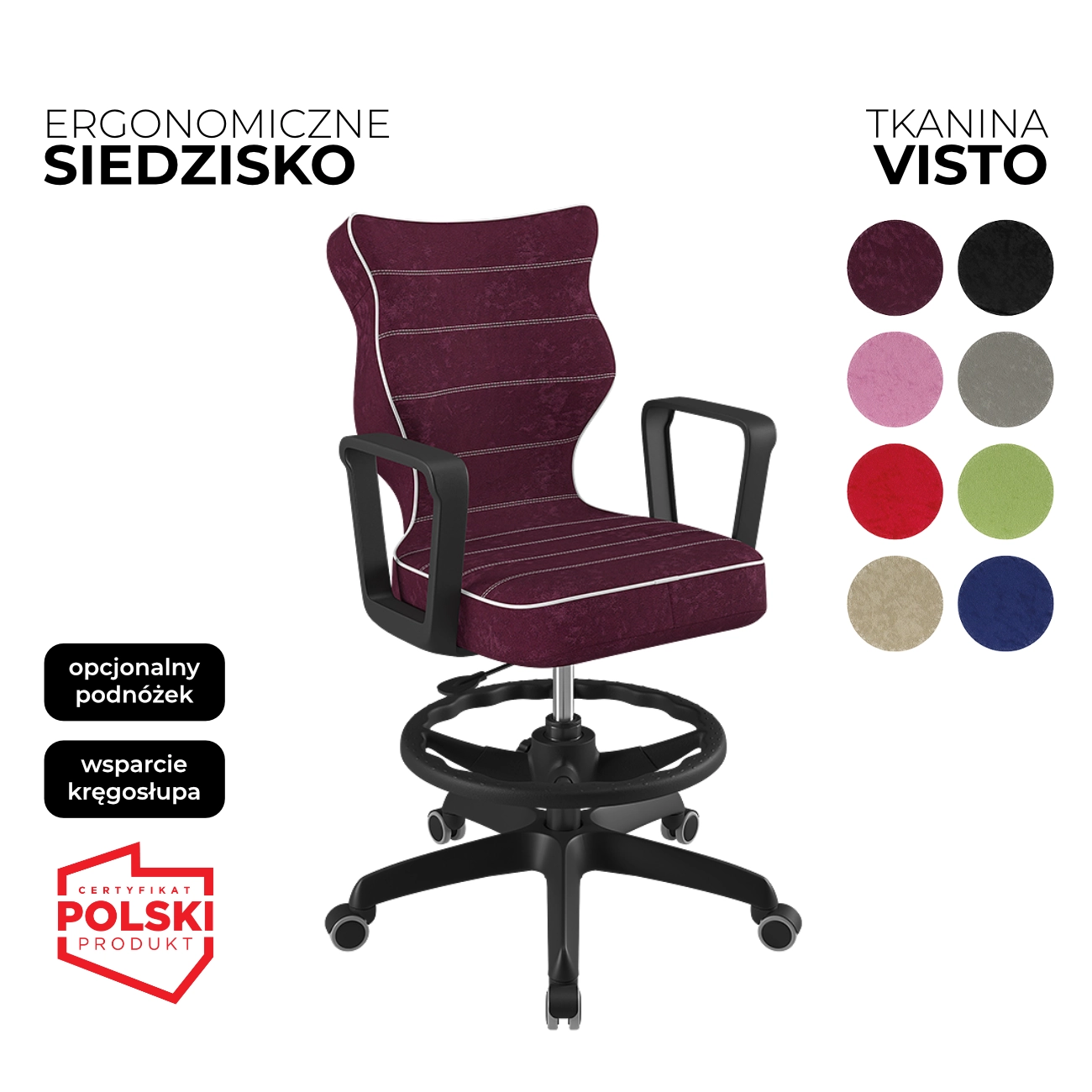 Krzesło obrotowe dla dziecka Norm Visto fioletowe siedzisko czarna konstrukcja i podnóżek