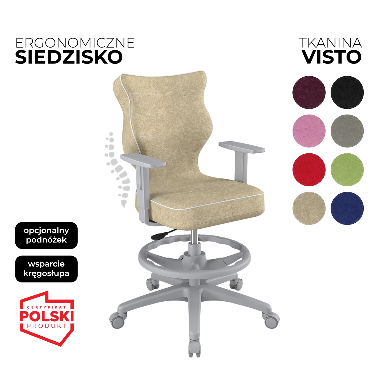 Krzesło obrotowe dla dzieci i młodzieży Duo Visto beżowe siedzisko szara konstrukcja i podnóżek