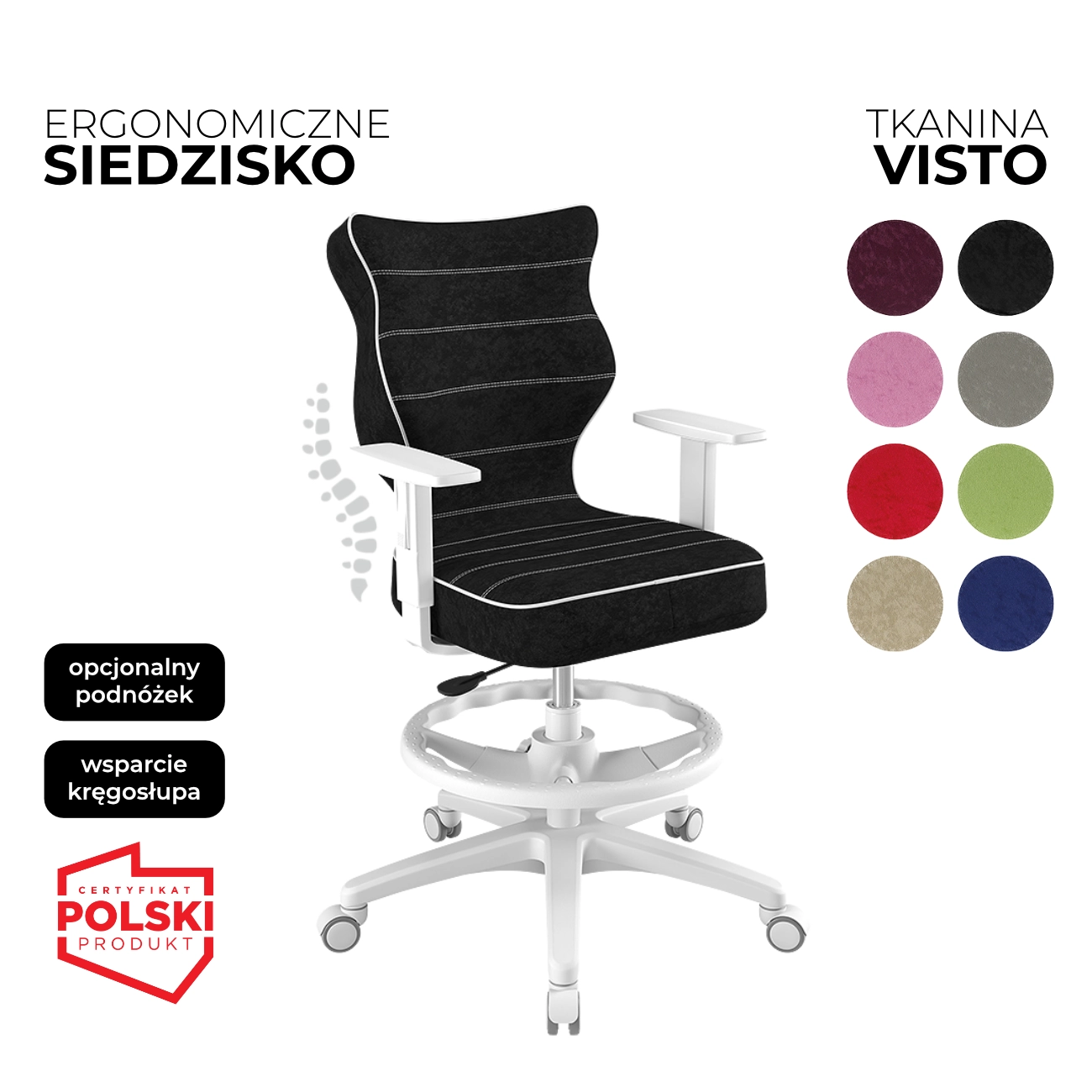 Krzesło obrotowe dla dzieci i młodzieży Duo Visto czarne siedzisko biała konstrukcja i podnóżek