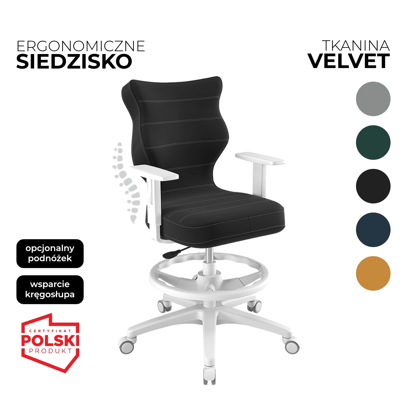 Krzesło obrotowe dla dzieci i młodzieży Duo Velvet czarne siedzisko biała konstrukcja i podnóżek
