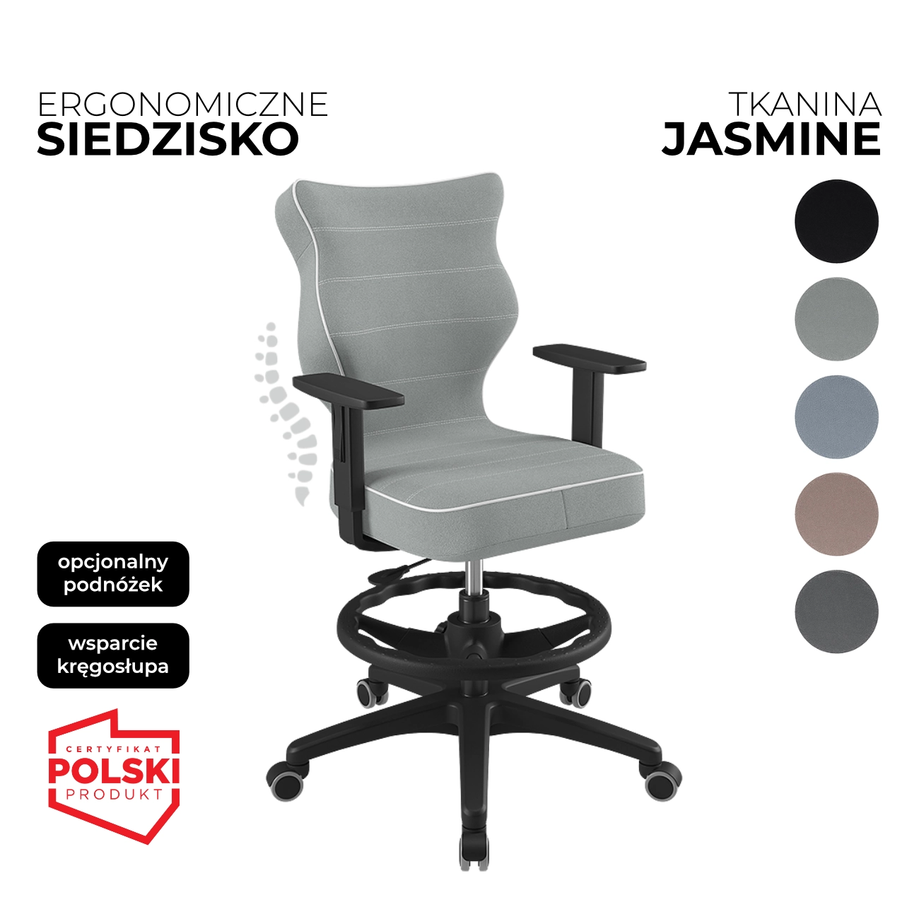 Krzesło obrotowe dla dzieci i młodzieży Duo Jasmine szare siedzisko czarna konstrukcja i podnóżek