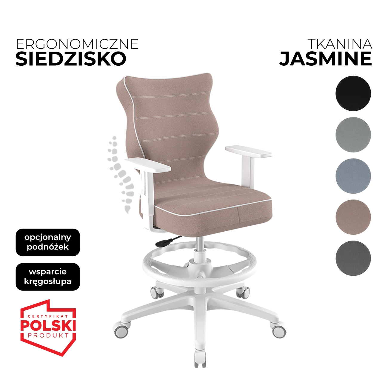 Krzesło obrotowe dla dzieci i młodzieży Duo Jasmine różowe siedzisko biała konstrukcja i podnóżek