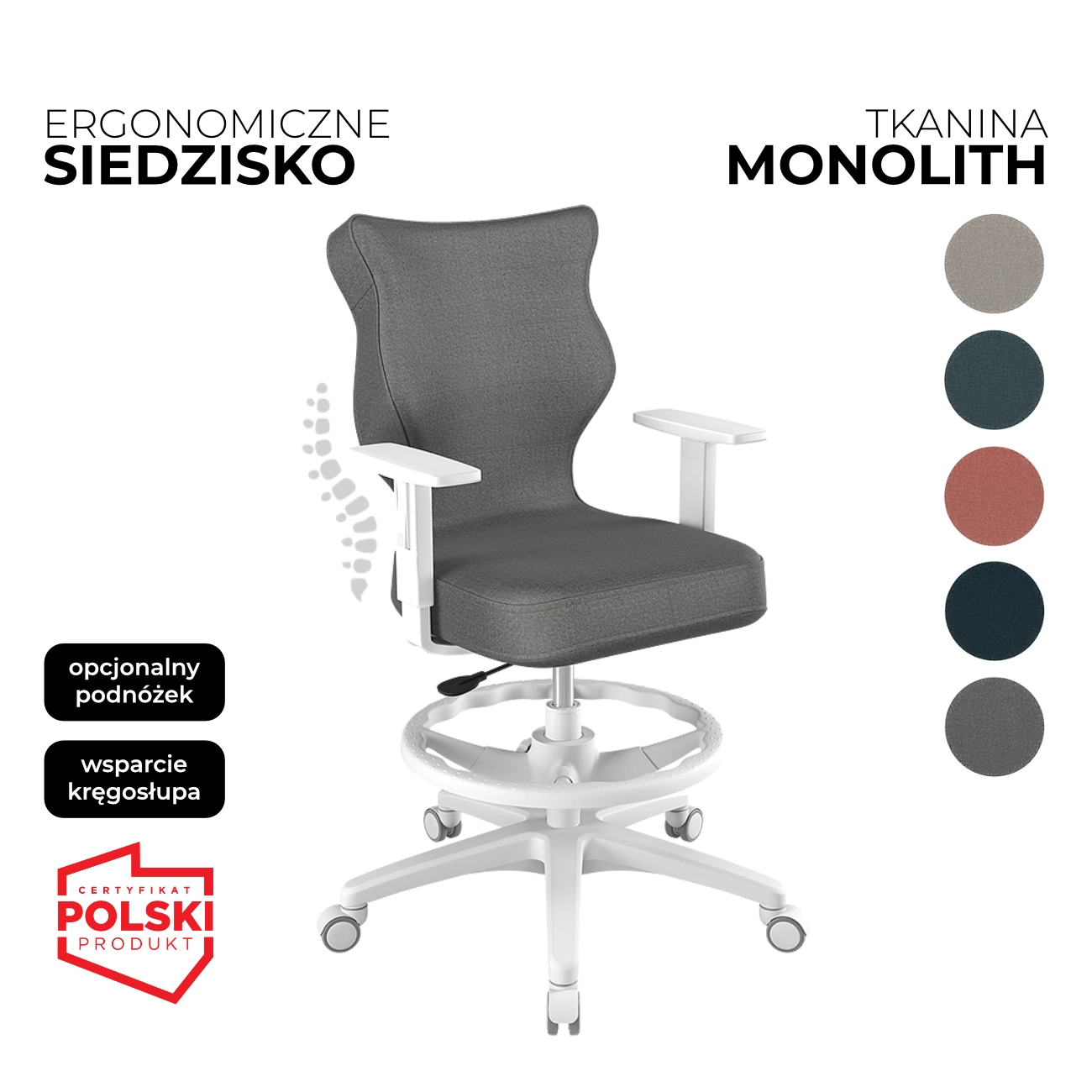 Krzesło obrotowe dla dzieci i młodzieży Duo Monolith szare siedzisko biała konstrukcja i podnóżek