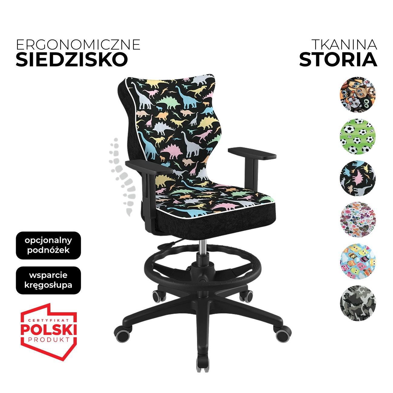 Krzesło obrotowe dla dzieci i młodzieży Duo Storia czarne siedzisko z motywem dinozaurów czarna konstrukcja i podnóżek