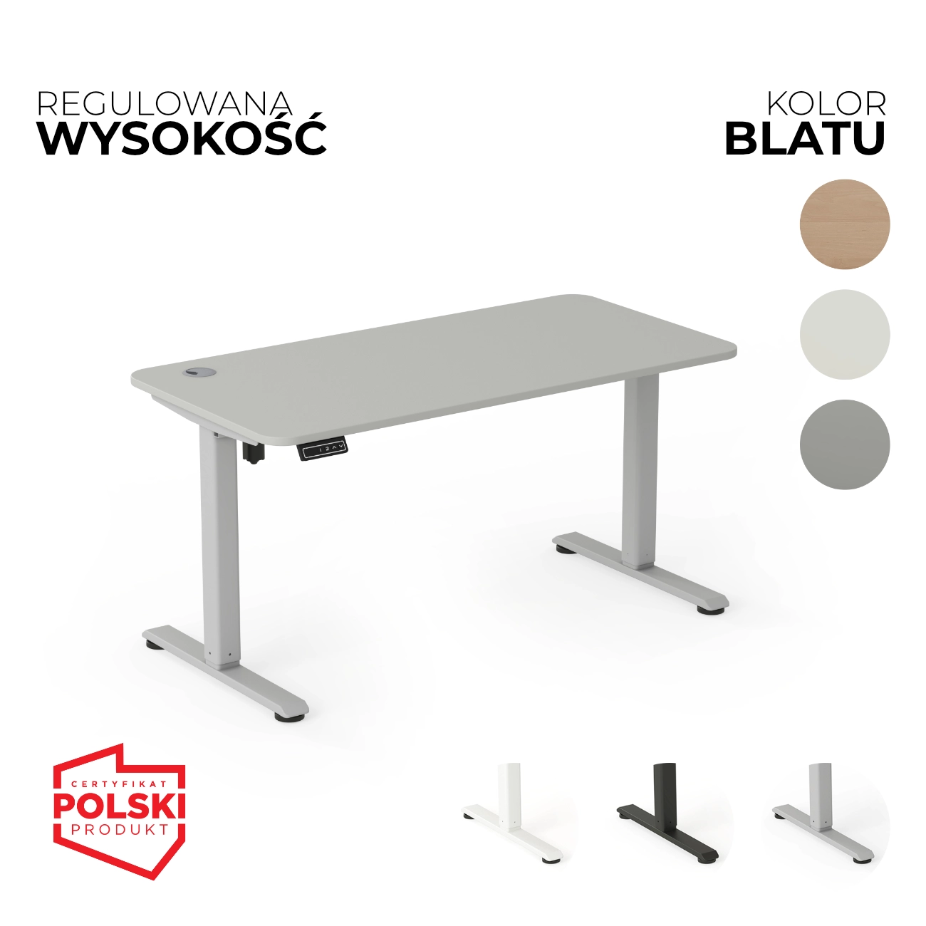 Szare biurko elektryczne AXIO z regulacją wysokości. 3 kolory stelaża i 4 kolory blatu do wyboru.