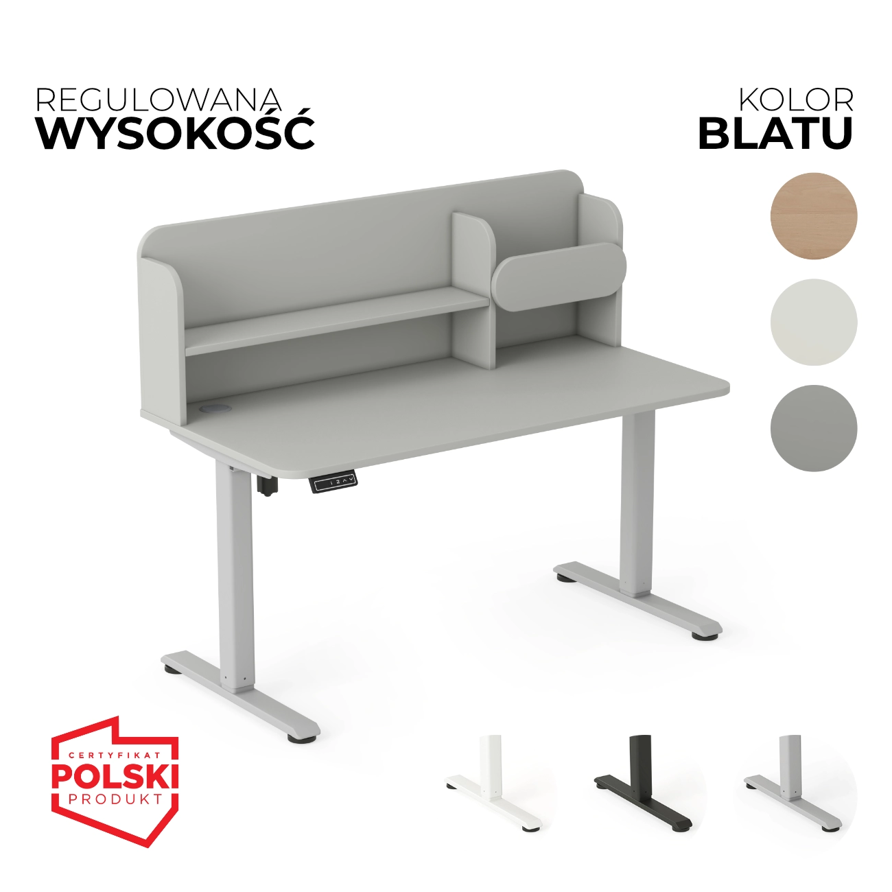 Szare biurko elektryczne AXIO z nadstawką i regulacją wysokości. 3 kolory stelaża i 4 kolory blatu do wyboru.