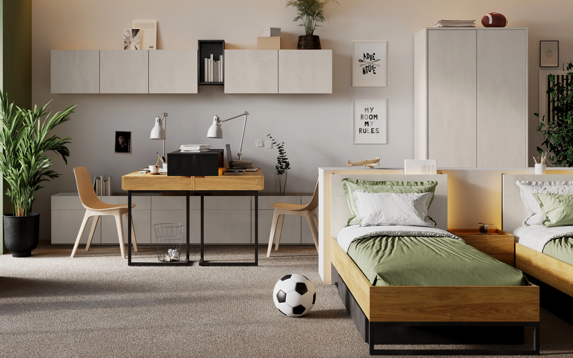 Aranżacja pokoju młodzieżowego z kompletem mebli Teen Flex w kolorach silk flou, hikora naturalna i raw steel